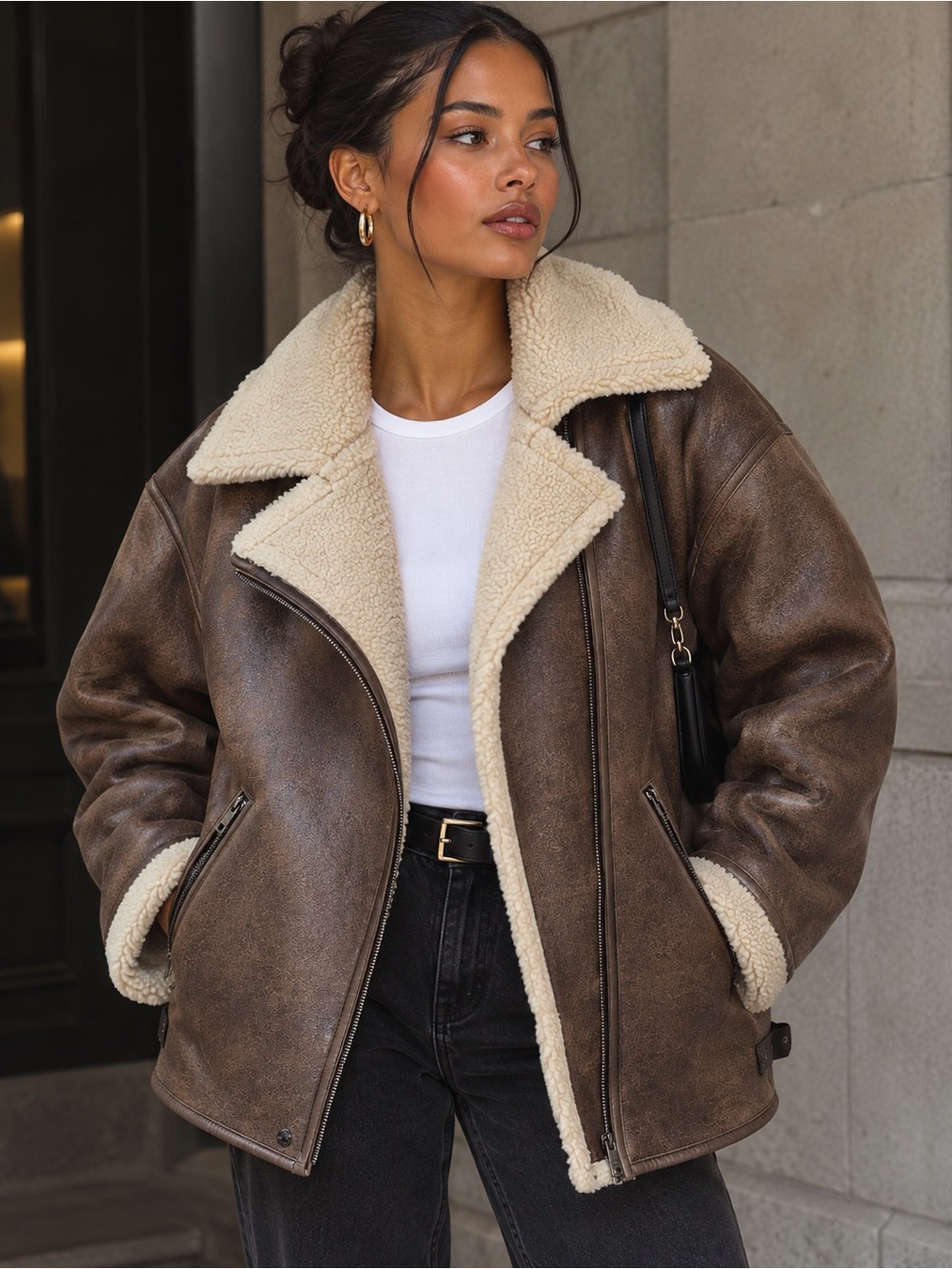 Steve Madden Faux Suede Shearling Aviator Jacket - L